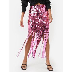 JONATHAN SIMKHAI Lucee Embroidered Sequin Midi Skirt Punch Pink